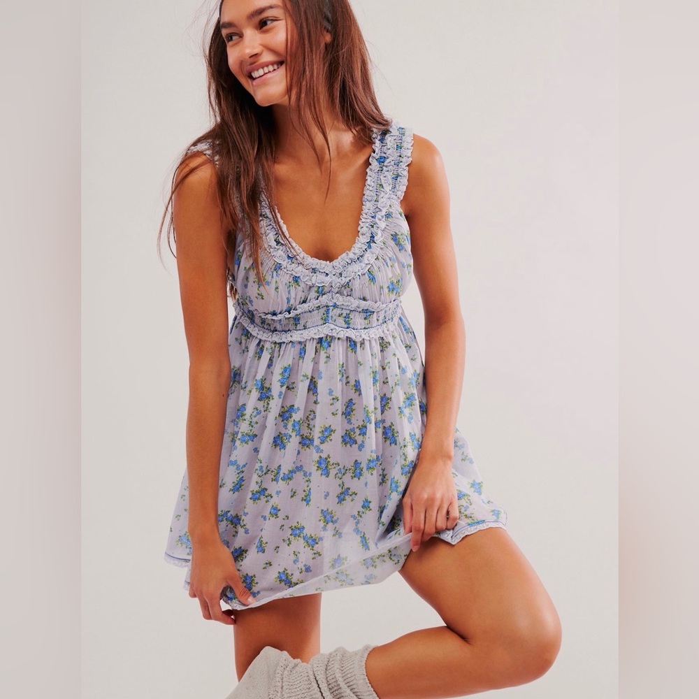 NWT free people intimately feel good mini slip- blue combo, size small